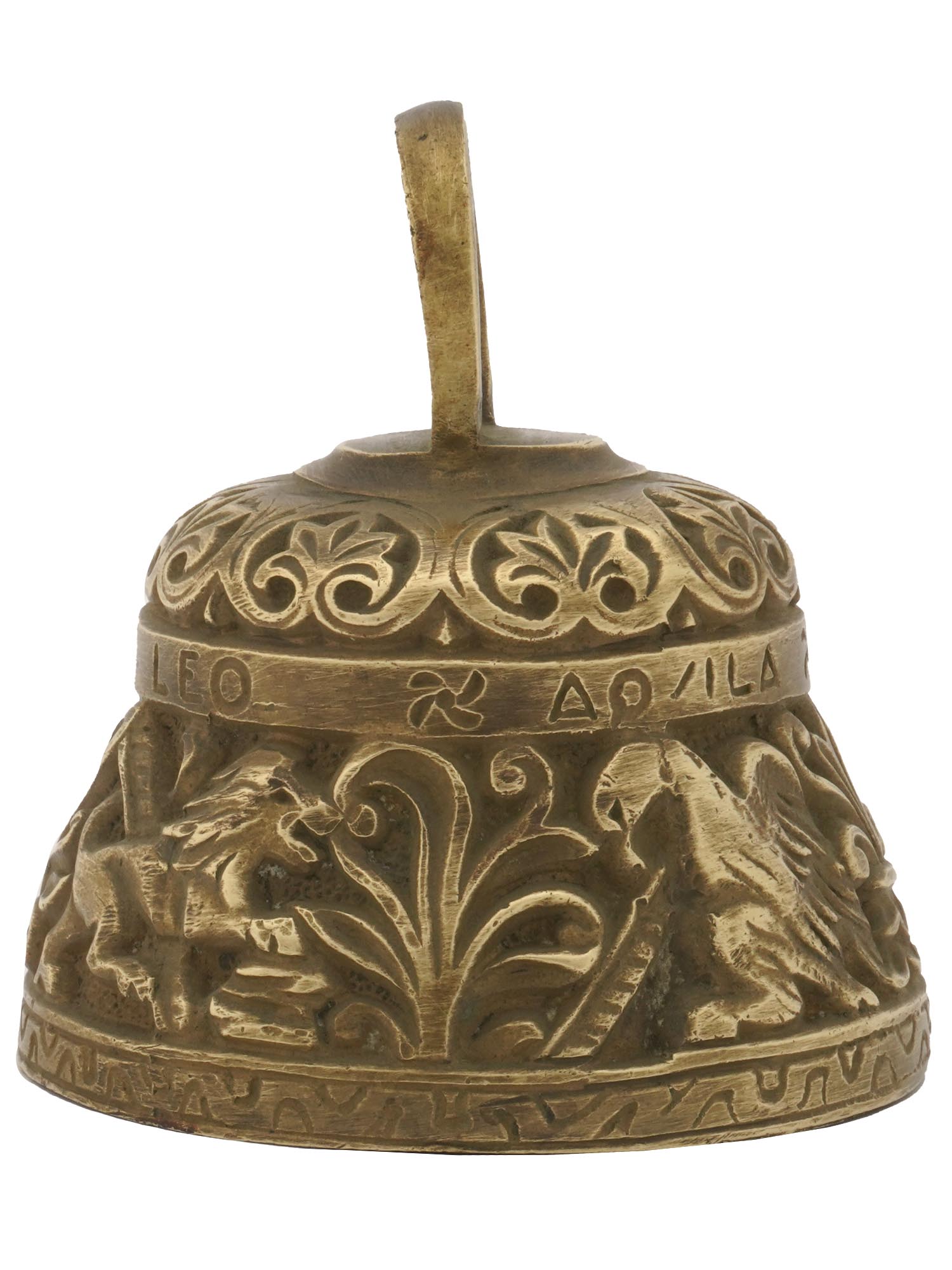 CAST BRONZE CHURCH HAND BELL WITH ANIMAL RELIEF PIC-3